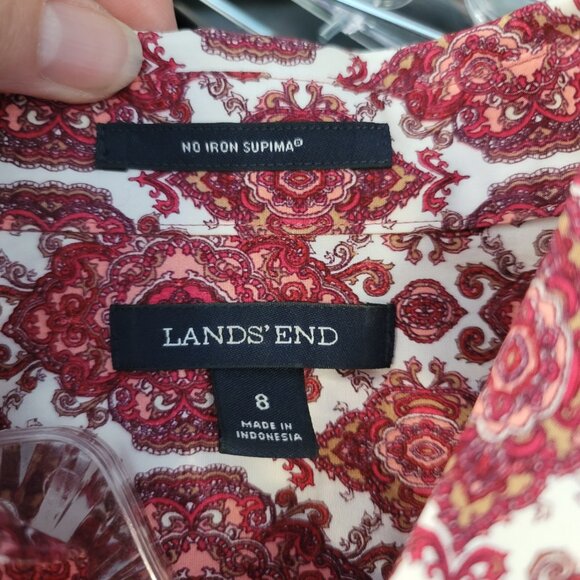 Lands' End No Iron Blouse Size 8 Red & White Paisley Supima Cotton - Picture 9 of 9